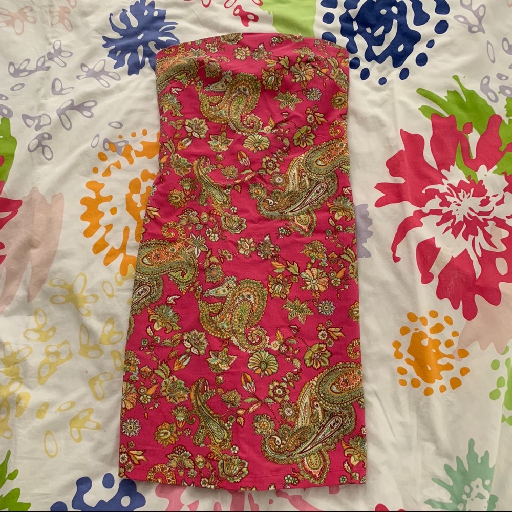 Party Express paisley strapless dress.